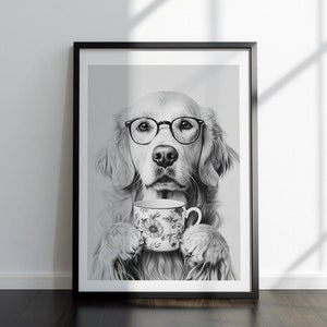 Golden Retriever Drinking Coffee Wall Art, Black and White Print, Coffee Poster with Dog, Dog Gift, Funny Dog Poster, Kitchen Wall Decor