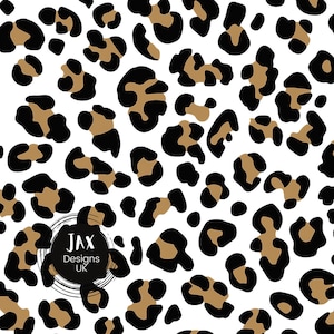 May include: A seamless pattern featuring a leopard print design with black and brown spots on a white background. The pattern is repeated throughout the image. The text "JAX Designs UK" is visible in a circle in the centre of the image.