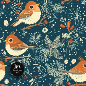 Winter Bird Seamless Pattern, Winter Pattern, Bird repeating pattern, Robin pattern tile, small business pattern, Festive fabric design