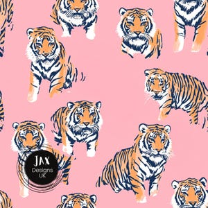May include: A seamless pattern featuring orange and black tigers on a pink background. The tigers are drawn in a stylized, graphic style with white accents. The pattern is perfect for fabric, wallpaper, or other decorative applications.