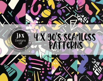 90s Seamless Pattern, 90s Neon Nostalgia, Abstract, Pop Culture Retro, Digital Scrapbook Surface Pattern Fabric Bright Old School Funky