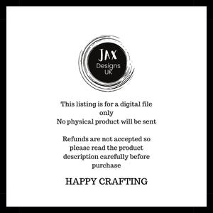 Pode incluir: Texto preto e branco sobre um fundo branco. O texto diz "JAX Designs UK". Abaixo do texto, h&aacute; uma declara&ccedil;&atilde;o que indica que esta listagem &eacute; para um arquivo digital apenas e que nenhum produto f&iacute;sico ser&aacute; enviado. O texto tamb&eacute;m indica que reembolsos n&atilde;o s&atilde;o aceitos, portanto, leia atentamente a descri&ccedil;&atilde;o do produto antes de comprar. O texto termina com "HAPPY CRAFTING".