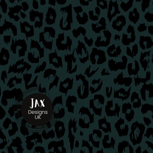 May include: A seamless pattern with a dark teal background and black leopard print spots. The pattern is repeated throughout the image. The text "JAX Designs UK" is in a circle in the centre of the image.