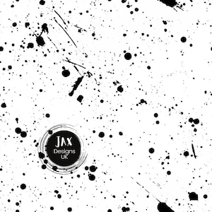 May include: Black and white abstract pattern with a circular logo that says "JAX Designs UK". The pattern is made up of splatters of black paint on a white background.