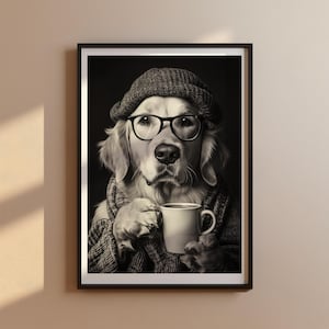 Golden Retriever Drinking Coffee Wall Art, Black and White Print, Coffee Poster with Dog, Dog Gift, Mindful Poster, Kitchen Wall Decor