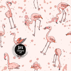 May include: A seamless pattern featuring pink flamingos with black outlines on a white background with pink watercolor splatters. The pattern includes the text "JAX Designs UK".