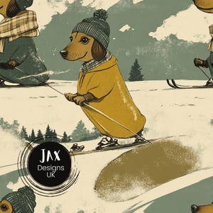 Ski fahrender Miniatur-Dackel-nahtloses Muster, Dackel-Wiederholung, sich wiederholendes Muster, Musterfliese, Muster für kleine Unternehmen, Stoffdesign-Fliese