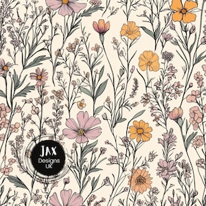 May include: A seamless pattern featuring a variety of pink and yellow flowers with green stems and leaves on a cream background. The pattern is perfect for fabric, wallpaper, or other design projects.