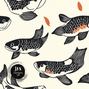 May include: Black and white illustration of a repeating pattern of fish with orange accents. The fish are stylized and have a detailed design. The background is a light cream color.