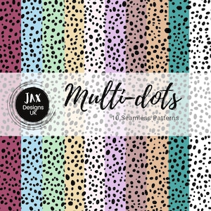 May include: Ten seamless patterns featuring different colored backgrounds with black polka dots. The text "Multi-dots" and "10 Seamless Patterns" is displayed in the center of the image.