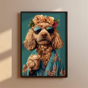 May include: A brown and white dog wearing sunglasses and a floral robe holds a cup of coffee with latte art. The dog is wearing a flower crown.
