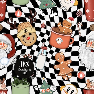 May include: A black and white chequered background with various Christmas-themed illustrations, including a gingerbread person, a snowman, a Santa Claus, a Christmas tree, a reindeer, and a milk bottle. The text "JAX Designs UK" is in the centre of the image.
