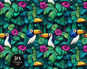 Patrón sin costuras de tucán, patrón hiperrealista, patrón repetido de pájaro, mosaico con patrón de tucán, patrón para pequeñas empresas, diseño de tela de jungla