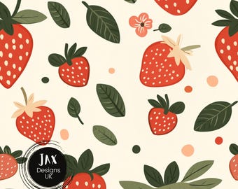 May include: A seamless pattern featuring red strawberries, green leaves, and pink flowers on a cream background. The pattern is perfect for fabric, wallpaper, or wrapping paper.