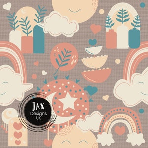 May include: A seamless pattern featuring a whimsical design with rainbows, clouds, stars, moons, hearts, and plants in shades of pink, peach, blue, and green on a brown background.