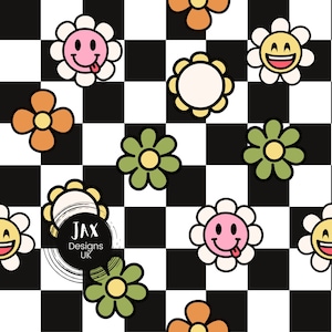 May include: A black and white checkered background with colorful cartoon flowers. The flowers have different facial expressions, including smiling, winking, and sticking out their tongues. The text "JAX Designs UK" is in the center of the image.
