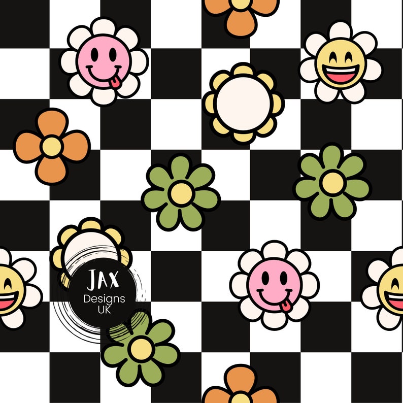 May include: A black and white checkered background with colorful cartoon flowers. The flowers have different facial expressions, including smiling, winking, and sticking out their tongues. The text "JAX Designs UK" is in the center of the image.