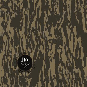 May include: Abstract camouflage pattern in shades of brown and olive green. The design features vertical, organic shapes resembling brushstrokes. A circular logo with the text "JAX Designs UK" is in the lower left corner.