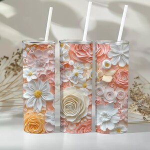 3D Flowers Seamless 20 oz Skinny Tumbler Sublimation Design, Floral Tumbler Wrap, Instant Digital Download PNG, White Pink Orange Flowers