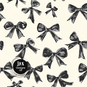以下が含まれることがあります： クリーム色の背景に、黒と白の手描きリボンが描かれたシームレスなパターン。パターンは画像全体に繰り返されています。画像の中央には「JAX Designs UK」というテキストが表示されています。