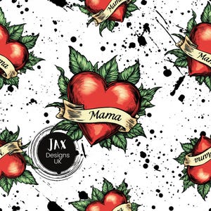 May include: A seamless pattern featuring red hearts with a banner that reads "Mama" in a vintage style. The hearts are surrounded by green leaves and black ink splatters on a white background.