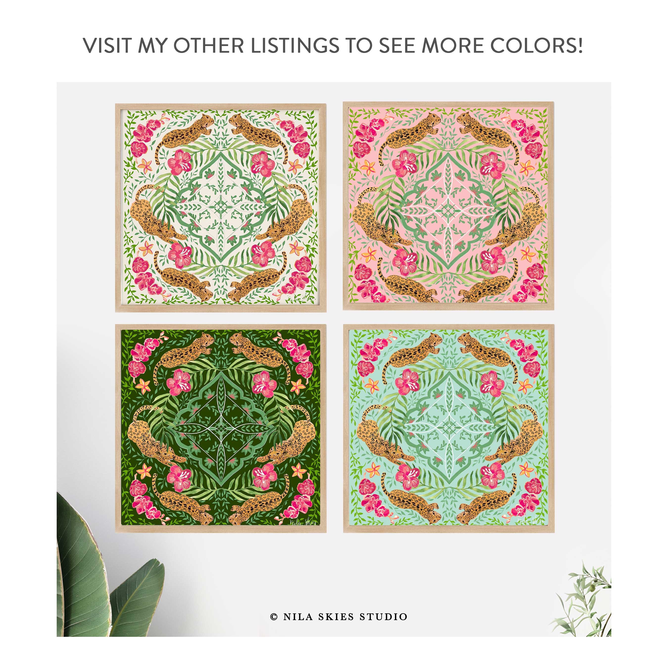 Leopard Art Bright Wall Art Jungle Art Floral Art Print Etsy