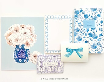 Blue and White Floral Stationery Gift Set, Gift for Her
