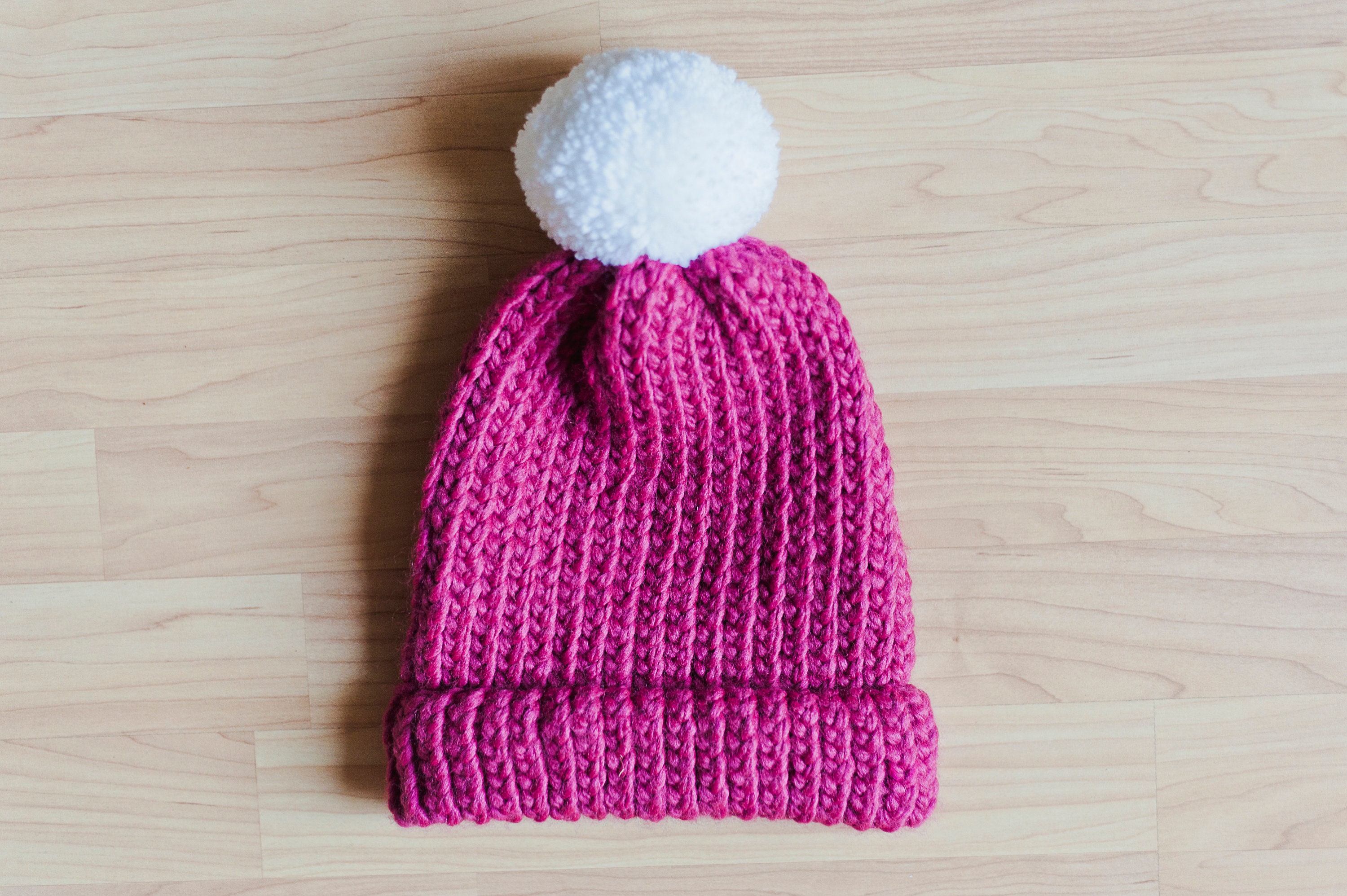 Hand Knit Pink Beanie With White Pom 
