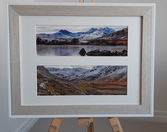 Mount Snowdon. Llyn Mymbyr Winter scene. Wall decor. Personalised gift. Snowdonia range Ogwen Valley. Snow covered mountains and frozen lake