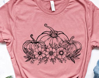 Floral Pumpkin Shirt, Autumn Harvest Flowers Tee, Halloween Pumpkin Tshirt