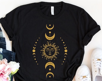 Celestial Shirt, Sun With Moon Phase,  Sun Shirt, Moon Shirt, Boho Sun And Moon, Magic Moon Shirt, Gift For Astrology Lover