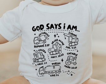 God Says I Am Truck Shirt: Religious Bible Verse Kids Tee, Construction Trucks Bodysuit