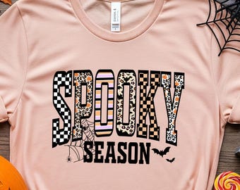 Spooky Season Halloween Shirt: Checkerboard Leopard Print, Pumpkin Ghost Bat Tee, Autumn Outfit