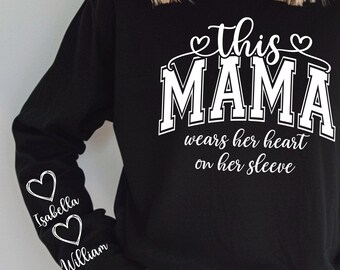 Custom Mama Heart Shirt: Kids Names on Sleeve, Mom Gift From Kids