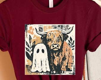 Highland Cow Ghost Halloween Shirt: Retro Farmhouse Graphic Tee, Spooky Country Western Shirt