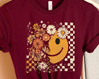 Floral Smiley Face Graphic Tee: Retro Flower Power Style, Woman Fall Shirt, Vintage Autumn