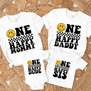 Retro Smiley Face Birthday Family Shirt: One Happy Dude Matching Set, First Birthday Tees