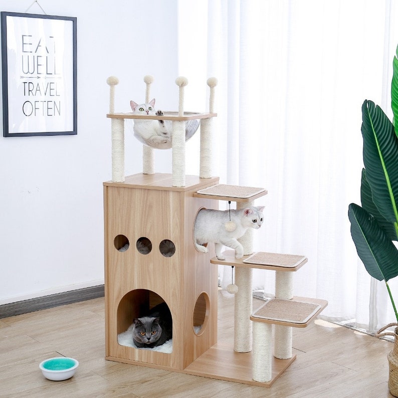Luxury Wooden Cat Tower With Two Interior Levels and Etsy