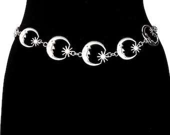 Belt for Women, Gothic belt, Harajuku Punk Moon Metal Belts Women Vintage High Waist Chain Waist Belts Moon Sun Gold Pendant Belts Female