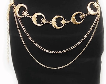 Belt for Women, Gothic belt, Harajuku Punk Moon Metal Belts Women Vintage High Waist Chain Waist Belts Moon Sun Gold Pendant Belts Female
