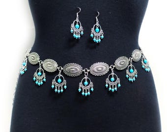 Turquoise Chain Belt & Earrings Set: Boho Hippie Metal Belt