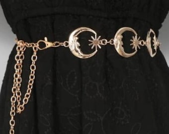 Gothic belt, Harajuku Punk Moon Metal Belts Women Vintage High Waist Chain Waist Belts Gothic Moon Sun Gold Pendant Belts Female