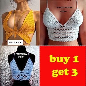Può includere: L'immagine presenta tre top all'uncinetto in giallo, bianco e blu. Il top giallo ha un design a farfalla. I top bianchi e blu hanno un design con scollo a V. Il testo sull'immagine recita "PATTERN PDF" e "buy 1 get 3".