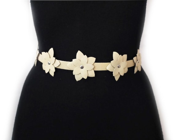 Leather flower chain belt Unique, Vintage Leather Flower and Metal Chain Belt for  main image 3