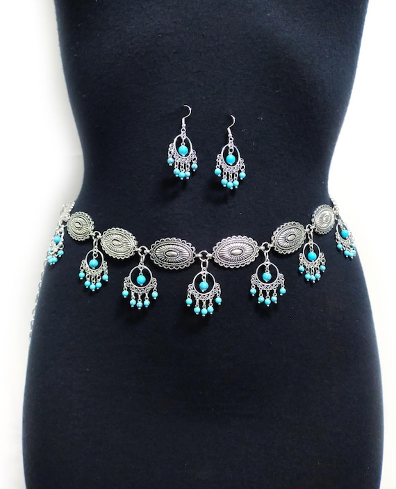 Turquoise Chain Belt & Earrings Set: Boho Hippie Metal Belt  display picture 3