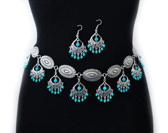 Turquoise Chain Belt & Earrings Set: Boho Hippie Metal Belt