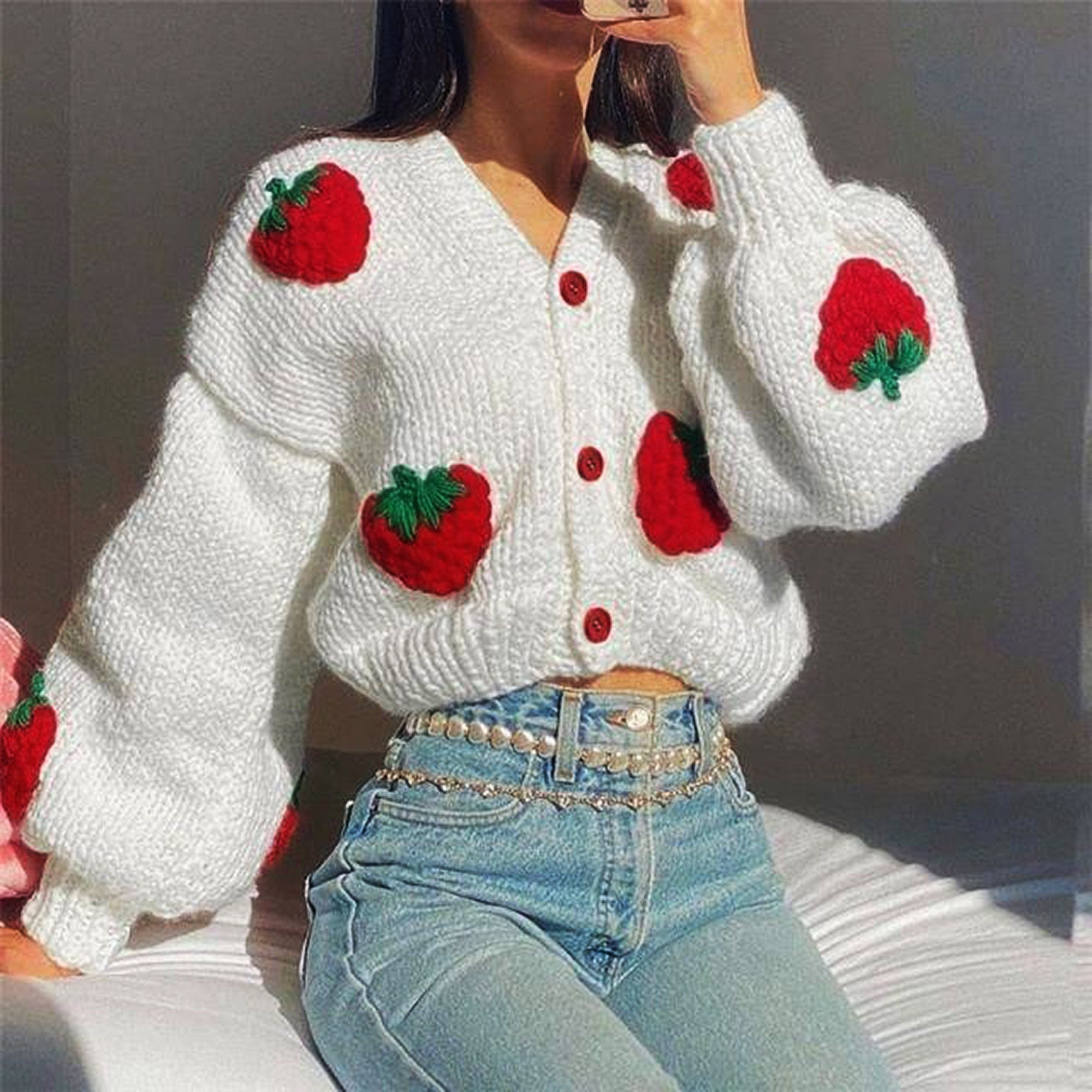 Crochet Strawberry Cardigan Knitted Women Sweater Women - Etsy