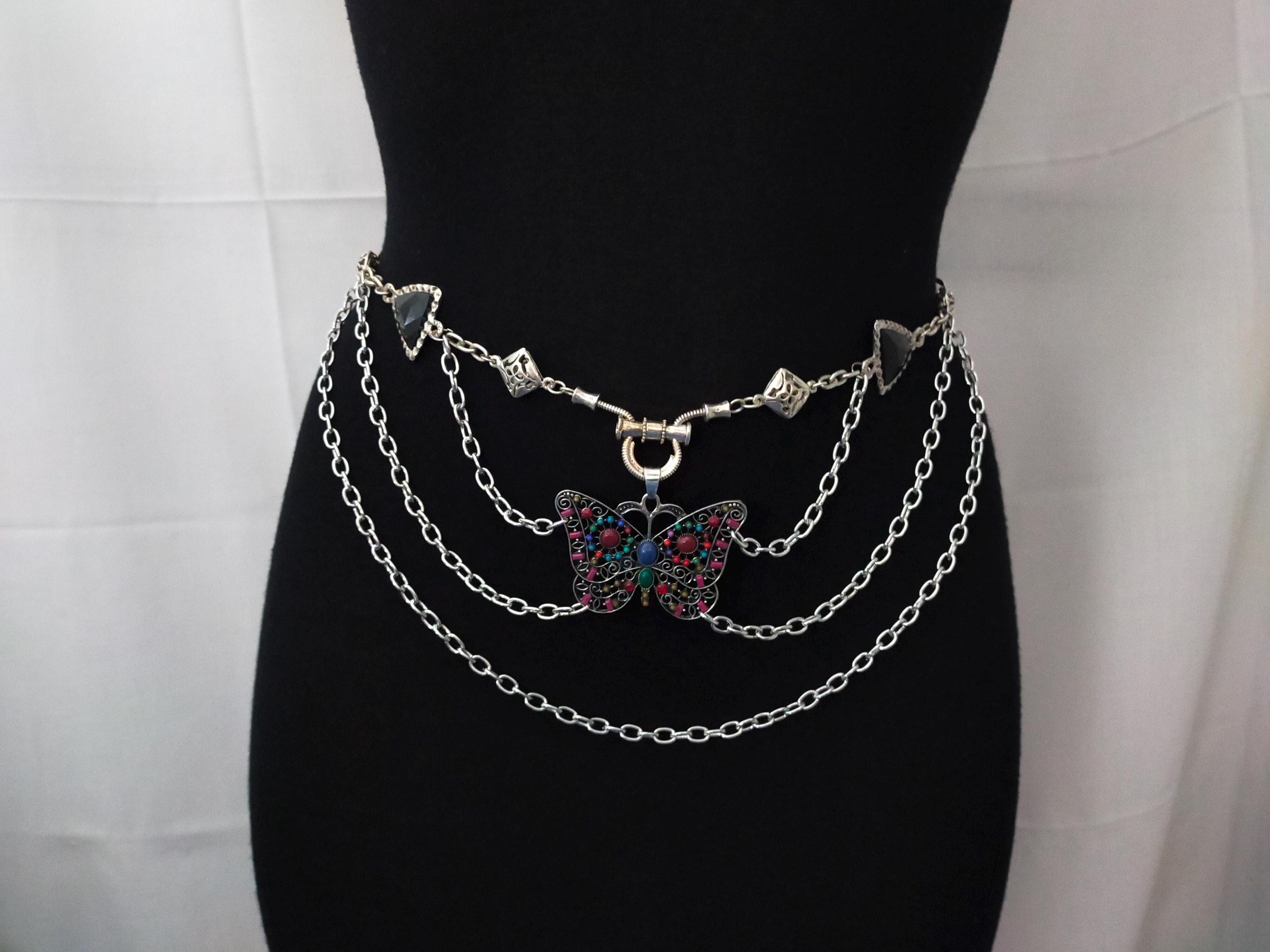 Vintage Silver Butterfly Chain Belt Boho Whimsigoth Metal Link Waist Belt 34in Butterfly Chain Belt: Women main image 4
