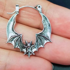 Bat Hoop Earrings. Bat Earrings, Silver Earrings, Vintage Bat Jewelry, Bat Hoop Earrings