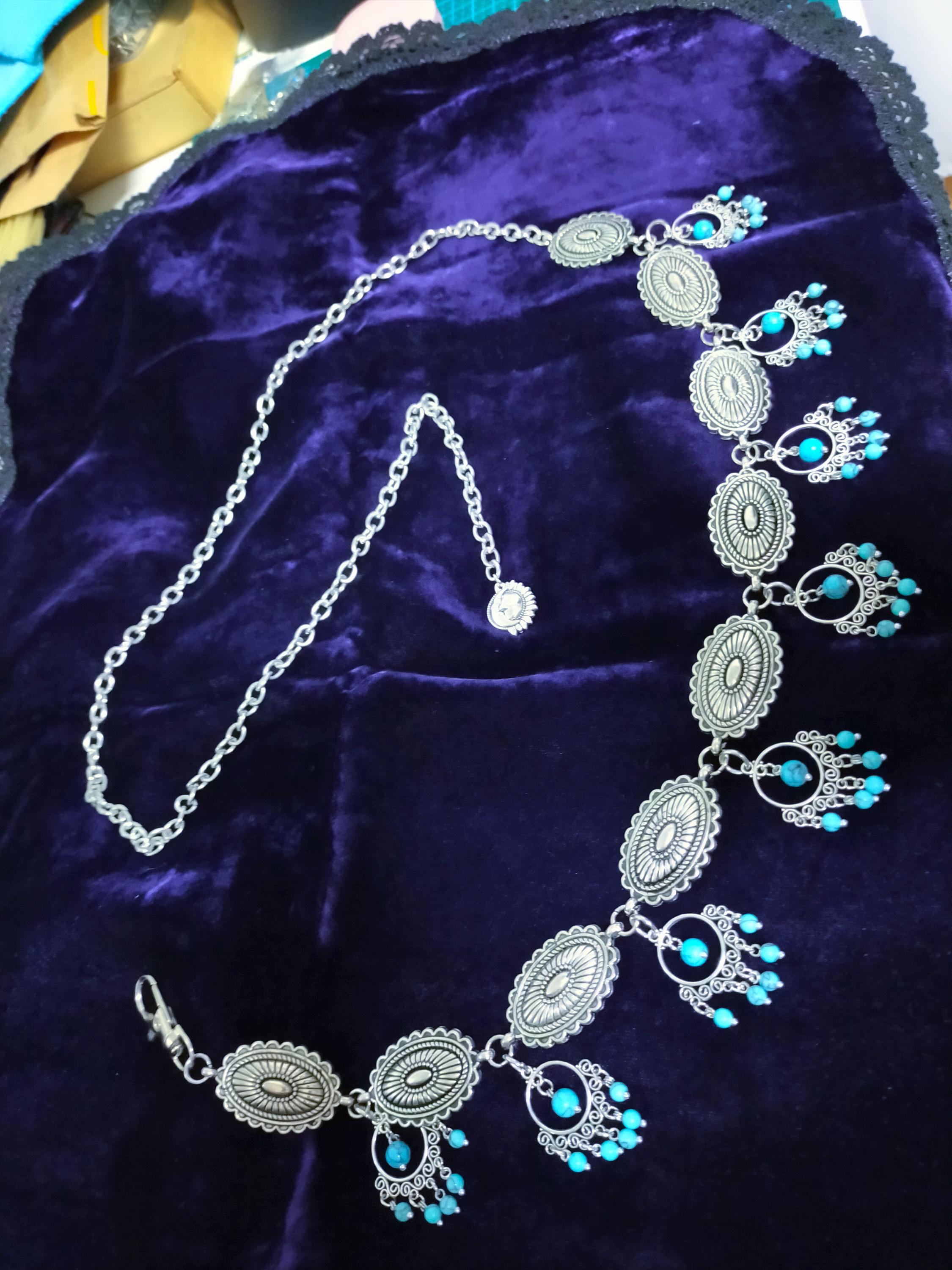 Turquoise Chain Belt & Earrings Set: Boho Hippie Metal Belt 